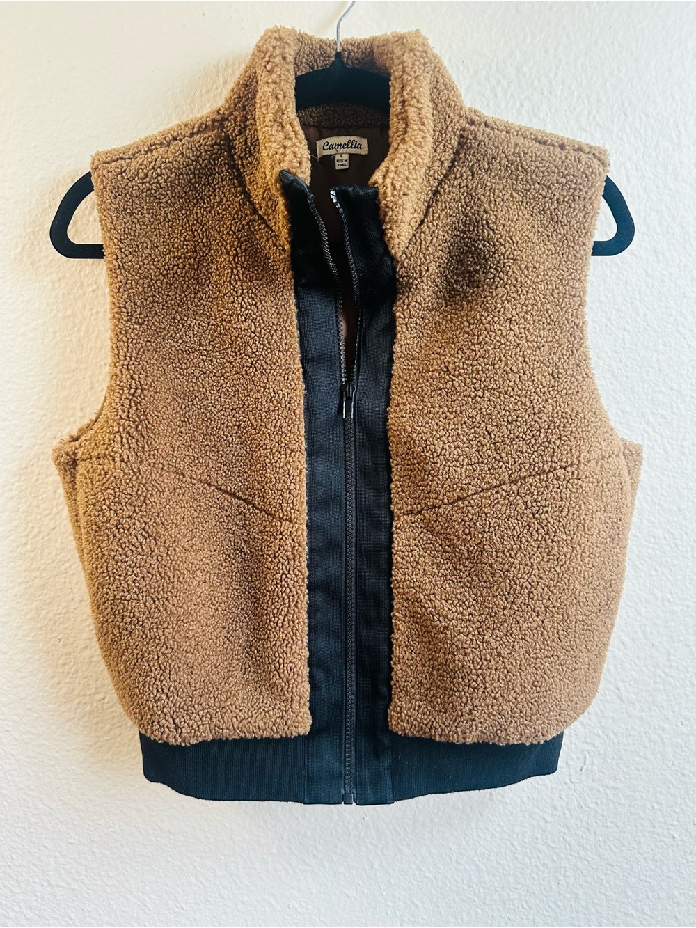 Kids' Tan Sherpa Vest with Black Trim